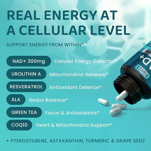 NAD+ Elite Complex-Direct NAD+ 300 mg مع urolithin A ، Resveratrol ، CoQ10 ومزيج مضادات الأكسدة-الطاقة الخلوية ، دعم الميتوكوندريا والشيخوخة الصحية-نباتي ، غير GMO ، 60 كبسولات (30 جربًا) in Saudi Arabia