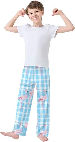 Pink Flamingos Grid Cute Pajama Pants, Soft Sleepwear Lounge Pants Pajama Pj Bottoms for 6-14 Years in Saudi Arabia