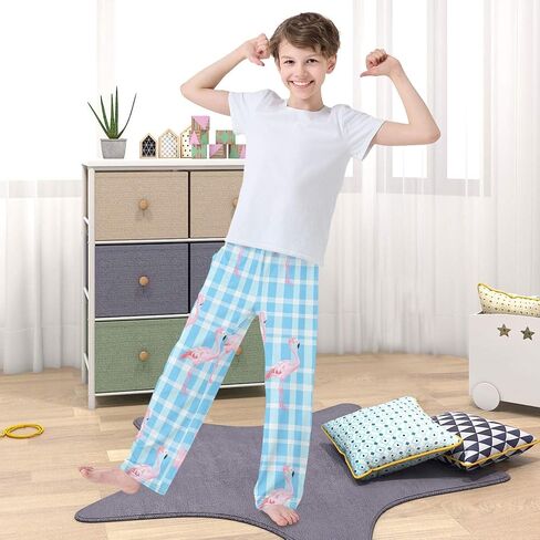 Pink Flamingos Grid Cute Pajama Pants, Soft Sleepwear Lounge Pants Pajama Pj Bottoms for 6-14 Years in Saudi Arabia