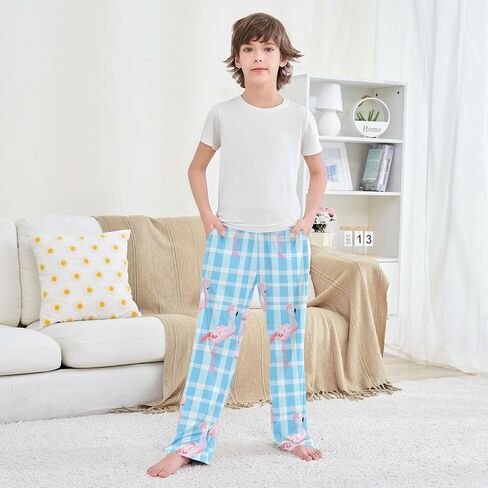 Pink Flamingos Grid Cute Pajama Pants, Soft Sleepwear Lounge Pants Pajama Pj Bottoms for 6-14 Years in Saudi Arabia