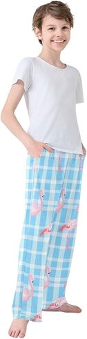 Pink Flamingos Grid Cute Pajama Pants, Soft Sleepwear Lounge Pants Pajama Pj Bottoms for 6-14 Years in Saudi Arabia