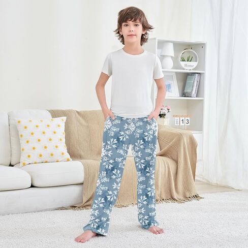 Blue Snowflake Holiday Prints Cute Pajama Pants, Soft Sleepwear Lounge Pants Pajama Pj Bottoms for 6-14 Years in Saudi Arabia
