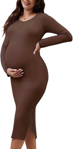 فستان الأمومة النسائي مقسمة bodycon Henley Button Midi Photoshoot Dressal Long Sleeve Dresses for Wedding Guest in Saudi Arabia