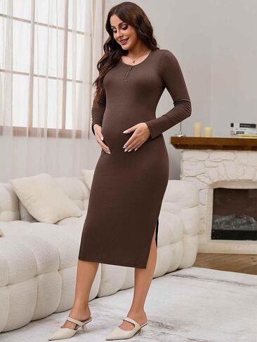 فستان الأمومة النسائي مقسمة bodycon Henley Button Midi Photoshoot Dressal Long Sleeve Dresses for Wedding Guest in Saudi Arabia
