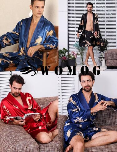 SWOMOG 3PCS رداء الساتان رداء الحرير الساتان كيمونو رداء الاستحمام مع السراويل القصيرة والسراويل مرتدي ملابس ناعمة خفيفة الوزن in Saudi Arabia