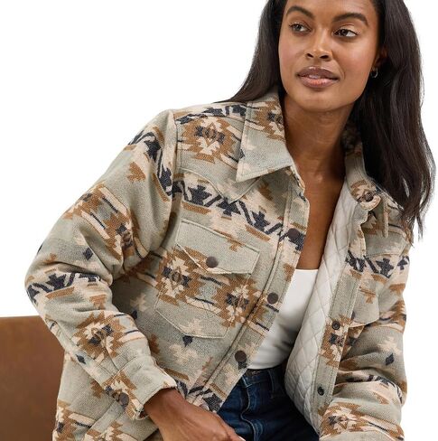 Wrangler Women's Retro Quilt Lined Jacquard Shacket - Green Print in Saudi Arabia