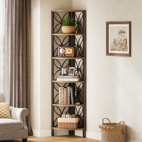 Tribesigns 6-Tier Corner Shelf, Industrial 70.9" Rustic Corner Bookshelf Display Shelf for Living Room, Wooden Shelving Unit Plant Stand Storage Rack for Bedroom, Bathroom, Small Space in Saudi Arabia