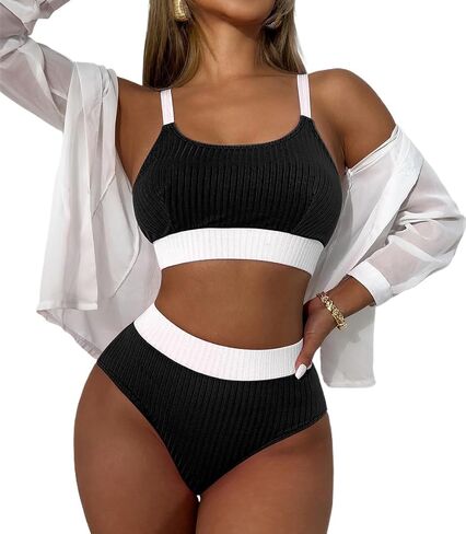 Women's Two Piece Ribbed Swimsuit, High Waist Bottom with Sports Bra Top, Royal Blue Sexy Sport Swimwear PQ24056 in Saudi Arabia