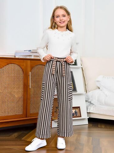 Haloumoning Girls Striped Wide Leg Pants Kids Elastic Loose Palazzo Pants Lounge Trousers with Pockets 5-14 Years in Saudi Arabia