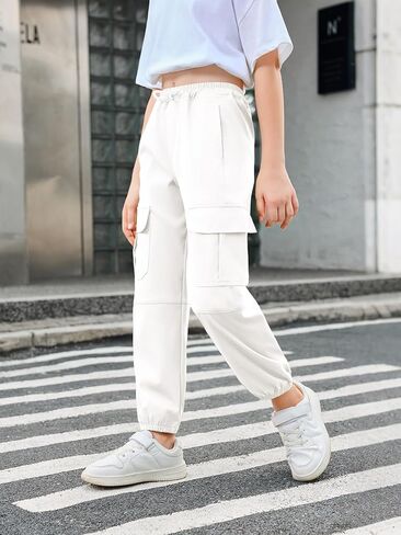 Haloumoning Girls Cargo Pants Kids Drawstring Elastic Waist Casual Jogger Pants with Pockets 5-14 Years in Saudi Arabia