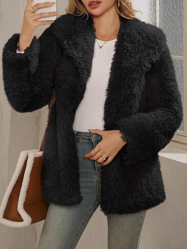 Tankaneo Womens Oversized Faux Fur Coat Lapel Collar Open Front Fuzzy Jackets Winter Warm Fluffy Outerwear in Saudi Arabia