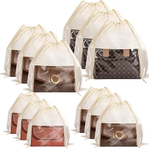 12 Pcs Shoe Bags for Travel, Dust Bags for Handbags, Dustproof Drawstring Bags in 4 Size, Breathable Non Woven Fabric Storage Bag for Handbags Shoes Purses, Black in Saudi Arabia