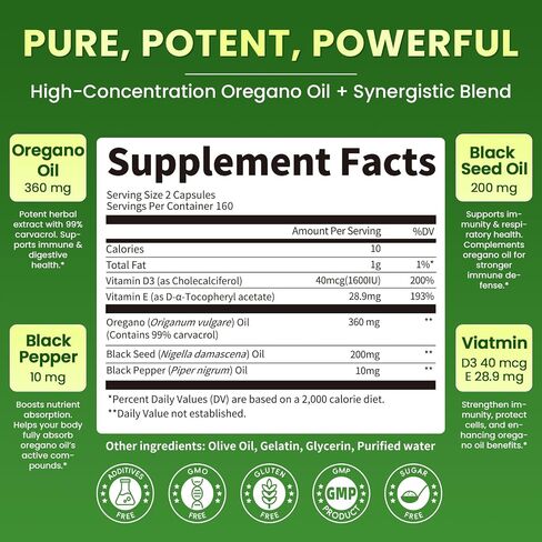 Oil of Oregano with Black Seed Oil, Organic Oregano Oil Capsules 99% Carvacrol 5-IN-1, Vitamin D3/E/Black Pepper for Absorption, Supports Immune/Gut/Respiratory, 320 oil of oregano capsules , Non-GMO in Kuwait