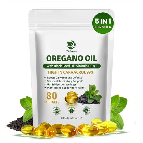 Oil of Oregano with Black Seed Oil, Organic Oregano Oil Capsules 99% Carvacrol 5-IN-1, Vitamin D3/E/Black Pepper for Absorption, Supports Immune/Gut/Respiratory, 320 oil of oregano capsules , Non-GMO in Kuwait