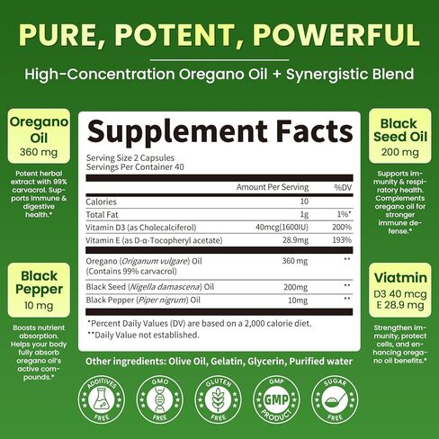 Oil of Oregano with Black Seed Oil, Organic Oregano Oil Capsules 99% Carvacrol 5-IN-1, Vitamin D3/E/Black Pepper for Absorption, Supports Immune/Gut/Respiratory, 320 oil of oregano capsules , Non-GMO in Kuwait