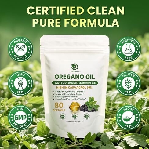 Oil of Oregano with Black Seed Oil, Organic Oregano Oil Capsules 99% Carvacrol 5-IN-1, Vitamin D3/E/Black Pepper for Absorption, Supports Immune/Gut/Respiratory, 320 oil of oregano capsules , Non-GMO in Kuwait