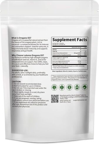 Oil of Oregano with Black Seed Oil, Organic Oregano Oil Capsules 99% Carvacrol 5-IN-1, Vitamin D3/E/Black Pepper for Absorption, Supports Immune/Gut/Respiratory, 320 oil of oregano capsules , Non-GMO in Kuwait