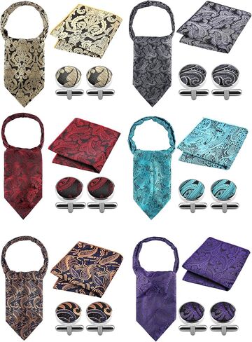 Toulite 6 Set Mens Silk Ascot Ties Woven Necktie Handkerchief Cufflinks Cravat Tie Paisley Scarf Pocket Square Cufflinks Set for Business Wedding Party in Saudi Arabia