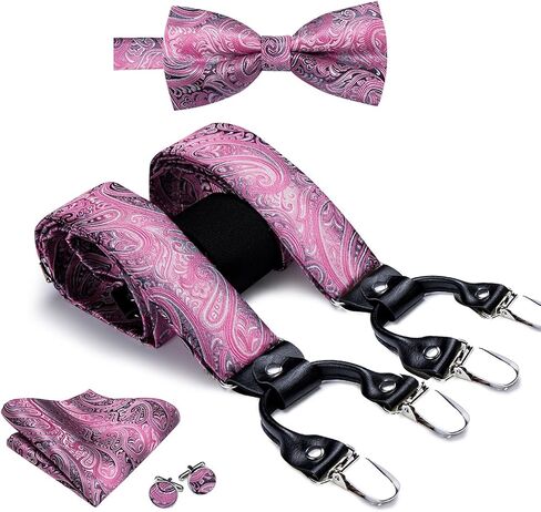 Silk Mens Suspenders Set 6 Clips Vintage Braces For Men Purple Paisley Flower Suspender Bow Tie Hanky Cufflinks in Saudi Arabia