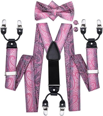 Silk Mens Suspenders Set 6 Clips Vintage Braces For Men Purple Paisley Flower Suspender Bow Tie Hanky Cufflinks in Saudi Arabia