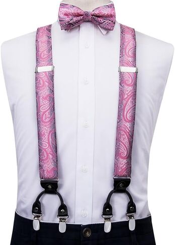 Silk Mens Suspenders Set 6 Clips Vintage Braces For Men Purple Paisley Flower Suspender Bow Tie Hanky Cufflinks in Saudi Arabia