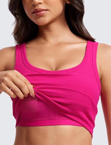 CRZ YOGA Womens Ribbed Longline Sports Bra - U Neck Padded Yoga Bra Workout Crop Tank Top with Built in Bra in Kuwait
