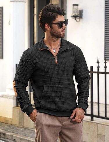 Mens Sweatshirt Casual Stand Collar Quarter Zip Pullover Fall Waffle Sweaters Long Sleeve with Pockets in Saudi Arabia