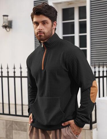 Mens Sweatshirt Casual Stand Collar Quarter Zip Pullover Fall Waffle Sweaters Long Sleeve with Pockets in Saudi Arabia