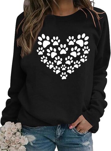 Womens Dog Mom Sweatshirt Long Sleeve Dog Paw Print Crewneck Funny Heart Graphic Sweatshirts in Kuwait