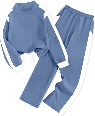 Girls Clothes 2 Piece Outfits Turtleneck Sweatsuit Fleece Colorblock Sweatshirt Wide Leg Sweatpants Fall Winter Sets in Saudi Arabia