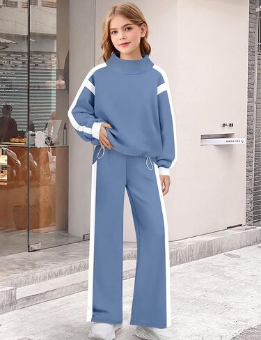 Girls Clothes 2 Piece Outfits Turtleneck Sweatsuit Fleece Colorblock Sweatshirt Wide Leg Sweatpants Fall Winter Sets in Saudi Arabia
