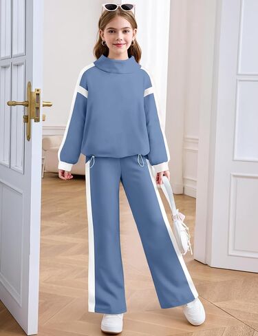 Girls Clothes 2 Piece Outfits Turtleneck Sweatsuit Fleece Colorblock Sweatshirt Wide Leg Sweatpants Fall Winter Sets in Saudi Arabia