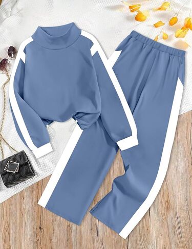Girls Clothes 2 Piece Outfits Turtleneck Sweatsuit Fleece Colorblock Sweatshirt Wide Leg Sweatpants Fall Winter Sets in Saudi Arabia