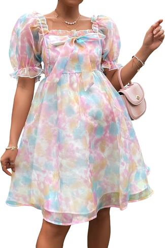 WDIRARA Women's Maternity Tie Dye Ruffle Square Neck Puff Sleeve Smocked High Waist Summer Flare Dress in Saudi Arabia