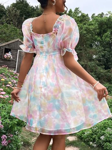 WDIRARA Women's Maternity Tie Dye Ruffle Square Neck Puff Sleeve Smocked High Waist Summer Flare Dress in Saudi Arabia