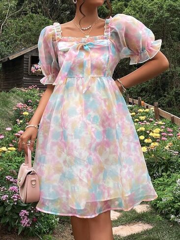WDIRARA Women's Maternity Tie Dye Ruffle Square Neck Puff Sleeve Smocked High Waist Summer Flare Dress in Saudi Arabia