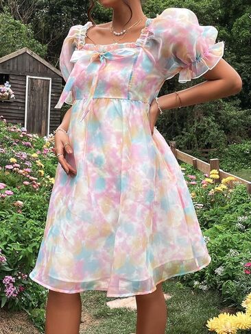 WDIRARA Women's Maternity Tie Dye Ruffle Square Neck Puff Sleeve Smocked High Waist Summer Flare Dress in Saudi Arabia