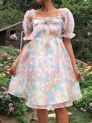 WDIRARA Women's Maternity Tie Dye Ruffle Square Neck Puff Sleeve Smocked High Waist Summer Flare Dress in Saudi Arabia