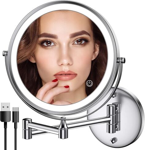 Rocollos Rechargeable Wall Mounted Lighted Makeup Mirror Chrome, 8 Inch Double-Sided LED Vanity Mirror 1X/10X Magnification,3 Color Lights Touch Screen Dimmable 360°Swivel 13 Inch Extendable in Saudi Arabia
