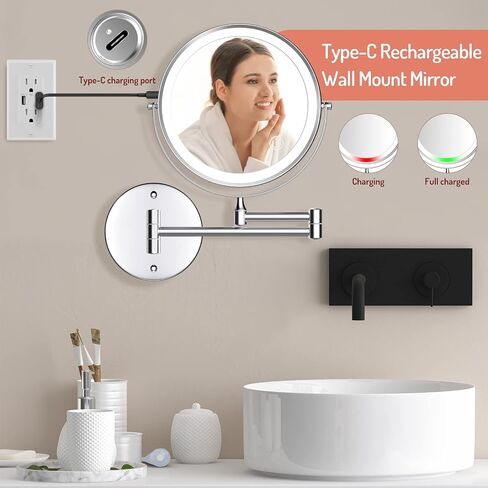 Rocollos Rechargeable Wall Mounted Lighted Makeup Mirror Chrome, 8 Inch Double-Sided LED Vanity Mirror 1X/10X Magnification,3 Color Lights Touch Screen Dimmable 360°Swivel 13 Inch Extendable in Saudi Arabia