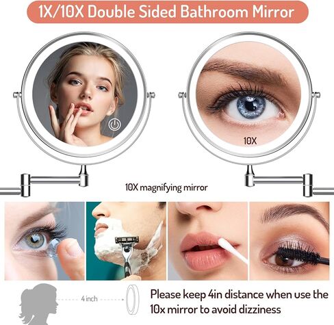 Rocollos Rechargeable Wall Mounted Lighted Makeup Mirror Chrome, 8 Inch Double-Sided LED Vanity Mirror 1X/10X Magnification,3 Color Lights Touch Screen Dimmable 360°Swivel 13 Inch Extendable in Saudi Arabia
