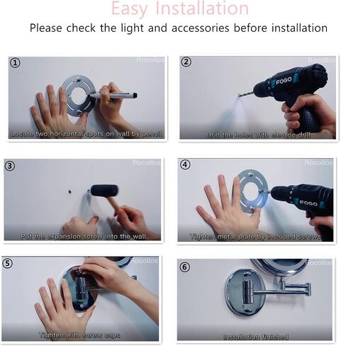 Rocollos Rechargeable Wall Mounted Lighted Makeup Mirror Chrome, 8 Inch Double-Sided LED Vanity Mirror 1X/10X Magnification,3 Color Lights Touch Screen Dimmable 360°Swivel 13 Inch Extendable in Saudi Arabia