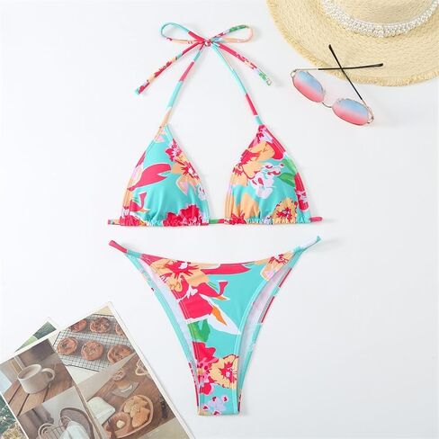 Triangle Bikini Set, Floral Cloud Print Swimwear, Blue and White Beachwear for Women, Two Piece Swimsuit PQ24055 in Saudi Arabia