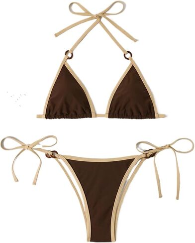 Women's Two-Piece Triangle Bikini Swimsuit, Army Green with White Trim Swimwear, Side-Tie Bottom Micro Bathing Suit PQ2322 in Saudi Arabia