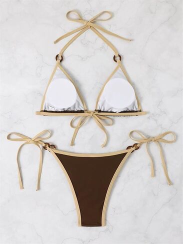 Women's Two-Piece Triangle Bikini Swimsuit, Army Green with White Trim Swimwear, Side-Tie Bottom Micro Bathing Suit PQ2322 in Saudi Arabia