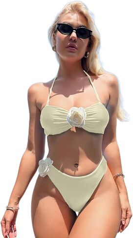 Women's Two Piece Bikini Set 3D Flower Beach Women's Swimsuit Textured Bandeau with Two Outfits Bathing Suit Bikini in Saudi Arabia