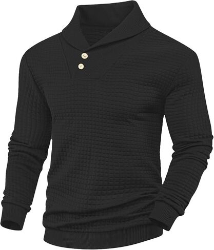 Men's Shawl Collar Sweaters Long Sleeve Button Turtleneck Sweater Textured Waffle Pullover in Saudi Arabia