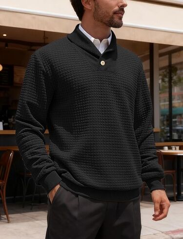Men's Shawl Collar Sweaters Long Sleeve Button Turtleneck Sweater Textured Waffle Pullover in Saudi Arabia