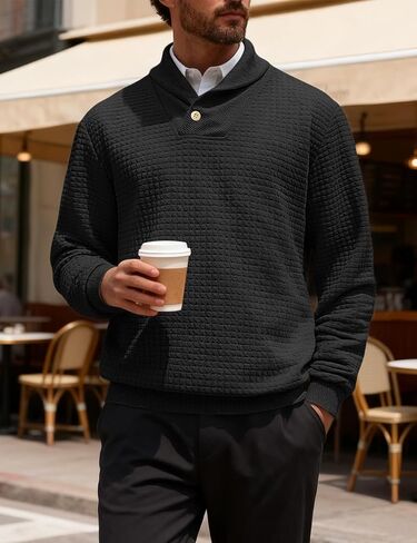 Men's Shawl Collar Sweaters Long Sleeve Button Turtleneck Sweater Textured Waffle Pullover in Saudi Arabia