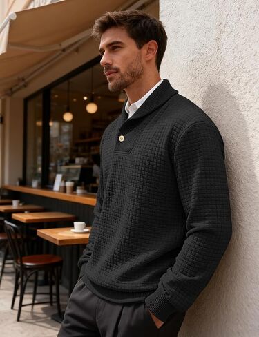 Men's Shawl Collar Sweaters Long Sleeve Button Turtleneck Sweater Textured Waffle Pullover in Saudi Arabia